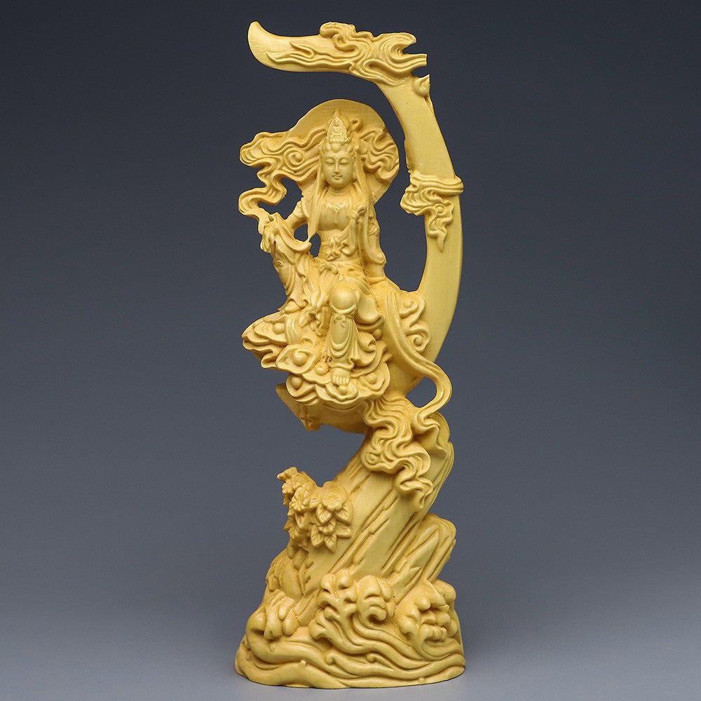 Boxholz schnitzen Sonnen- und Mond Guanyin Buddha Statue Ornament