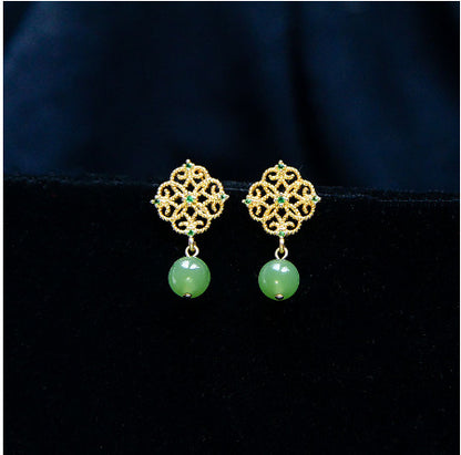 Silver Plated Emerald Stud Earrings Chinese Vintage Lace