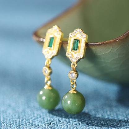 Emerald Tassel 925 Silver Inlaid Southern Red Agate Gem Hetian Jade Retro Female Earrings