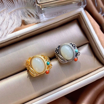 Ethnic Style Gold Plated Hetian Jasper Ring