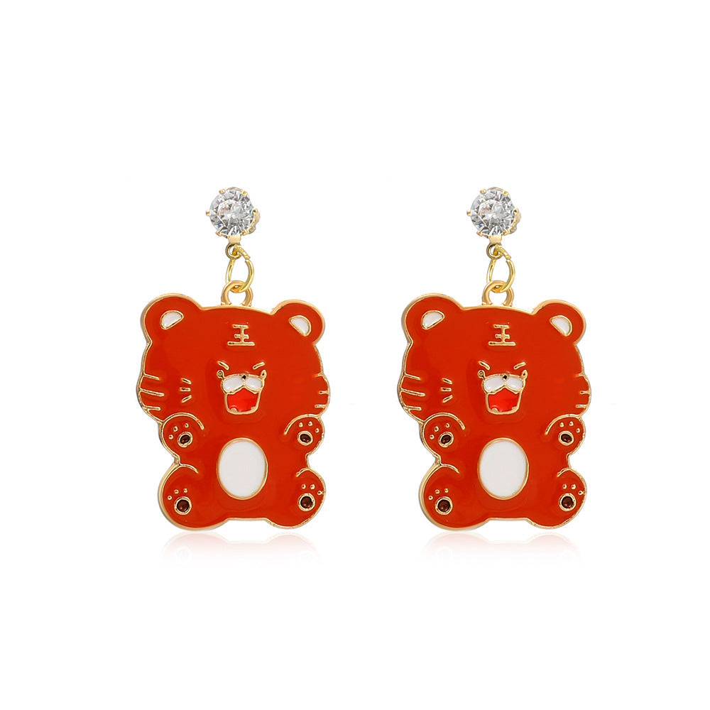 Sweet Temperament Diamond Little Tiger Earrings Chinese Zodiac