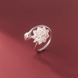 Chinese adjustable lotus ring with floral white copper finish