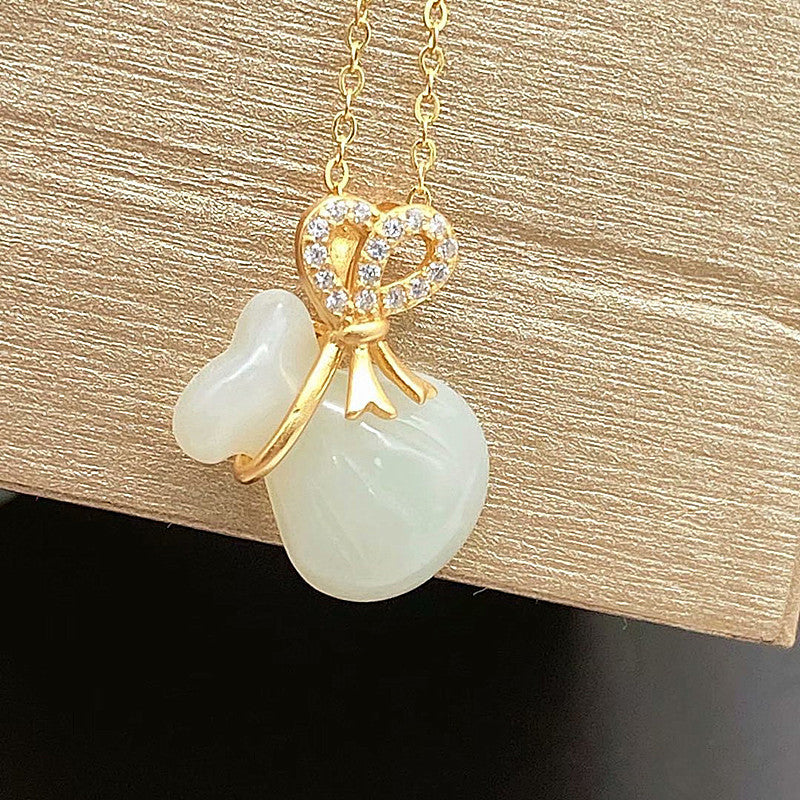 Gilt Silver Hetian Jade Pendant S925 Silver Gold Plated Hetian Jade Lucky Bag Necklace