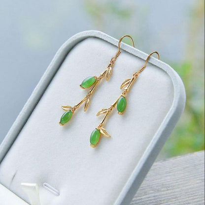 Natural Hetian Jade Green Jade Willow Leaf Earrings S925 Sterling Silver