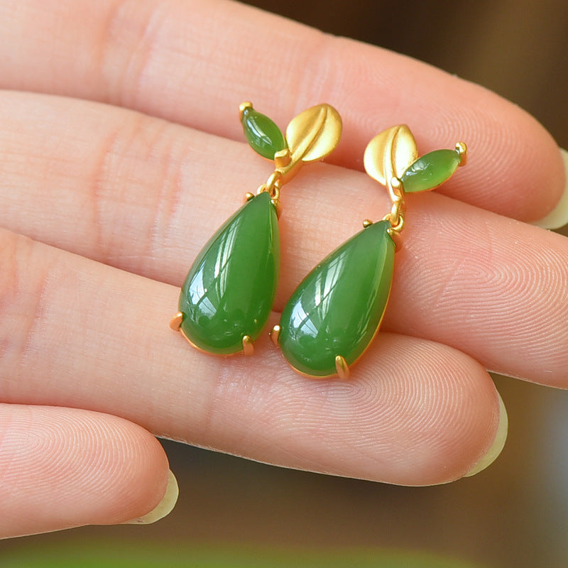 Inlaid Hetian Jade Earrings Leaves Geometric Gold-plated Fashionable Simple Exquisite Jasper All-match Earrings