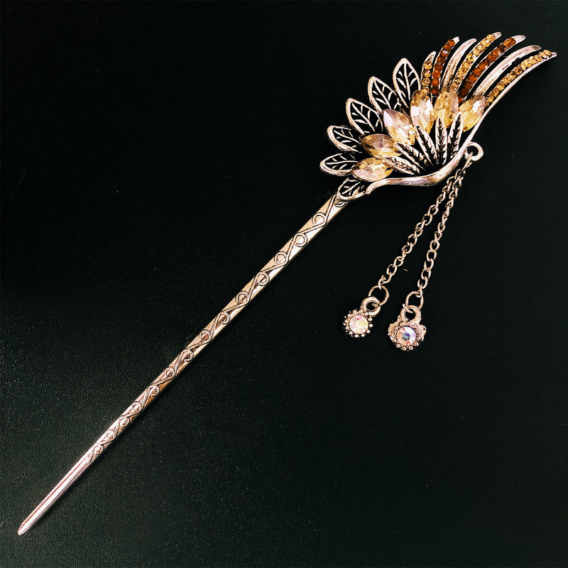 Feather Rhinestone  Long Tassel Super Fairy Retro Hanfu Ancient Costume Coil Hair Headdress Bride Hairpin