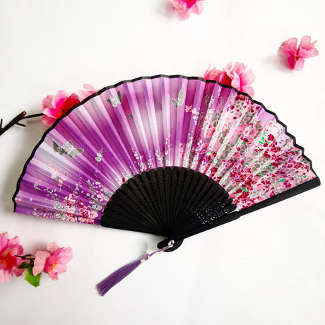 Floral Patterns with Tassel Portable Bamboo Silk Folding Fan-5