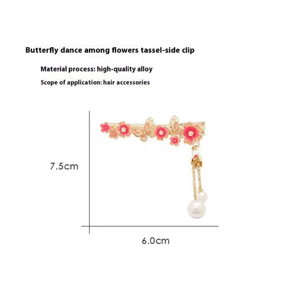 Super Fairy Cherry Blossom Pansy Pearl Tassel Hairpin Ancient Style Female Side Fringe Headdress Duckbill Clip