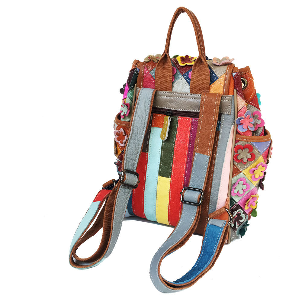 Cowhide Patchwork Diamond Checkered Flower Retro Style Backpack