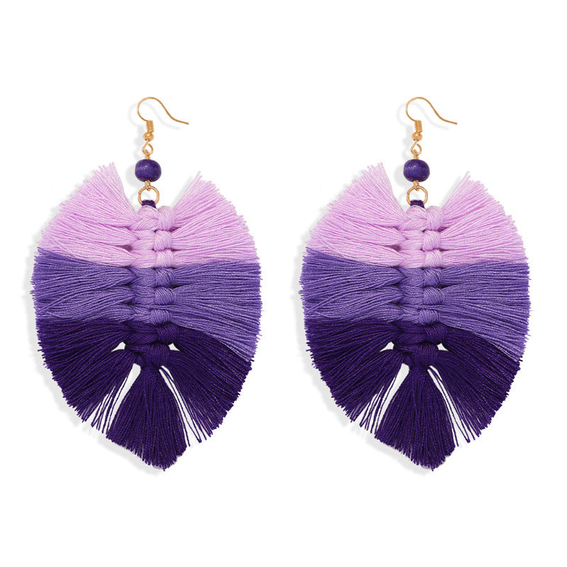 Handmade Gradient Tassel Earrings Leaf Shape Ethnic Style Earrings Exotic Earrings