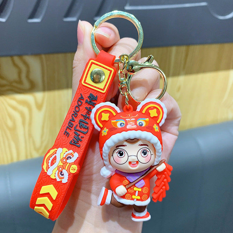 Chinese New Year Lantern Firecracker Cute Tiger Head Doll Keychain-7