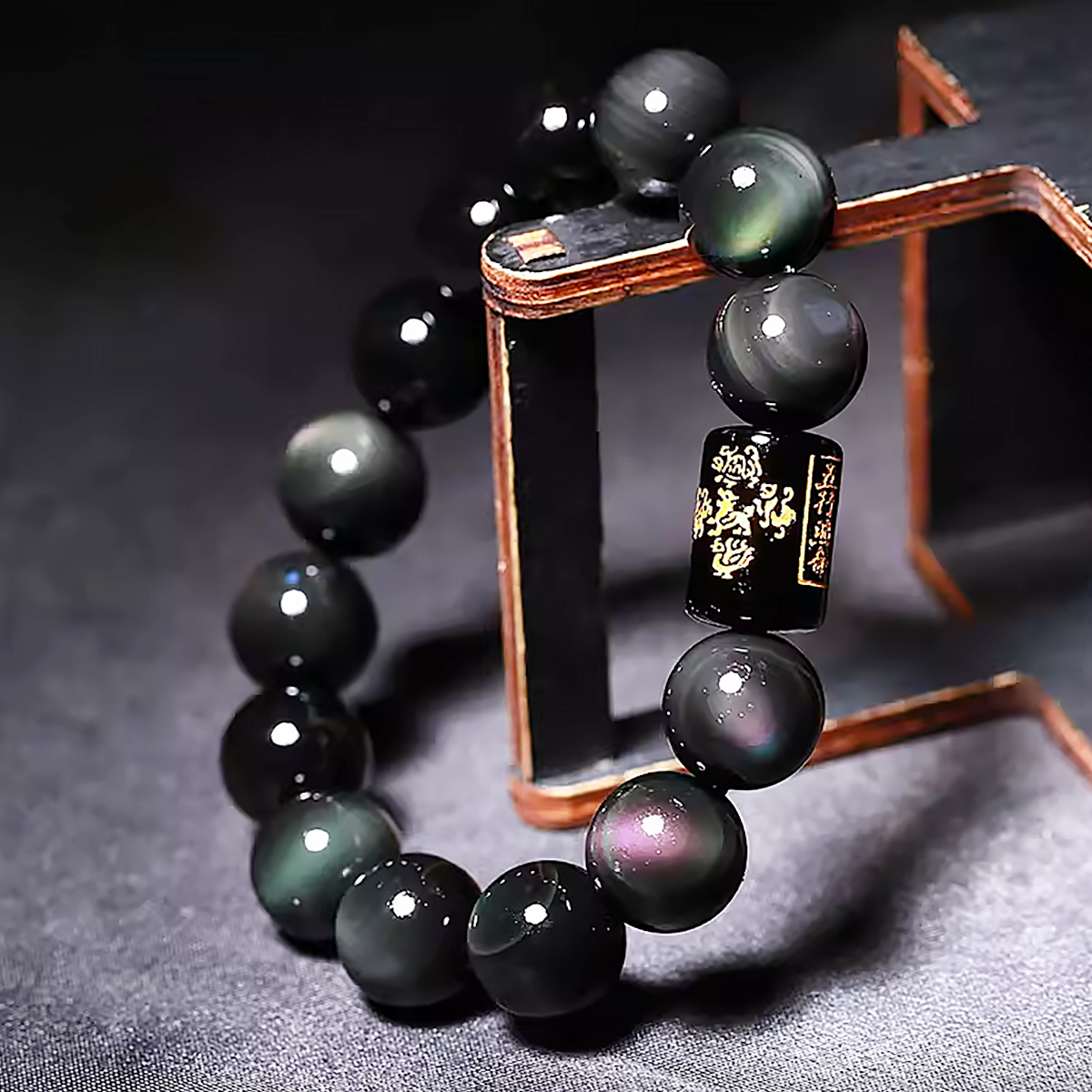 Rainbow Eye Obsidian Bracelet Natural Black Crystal Bead Bracelet-4
