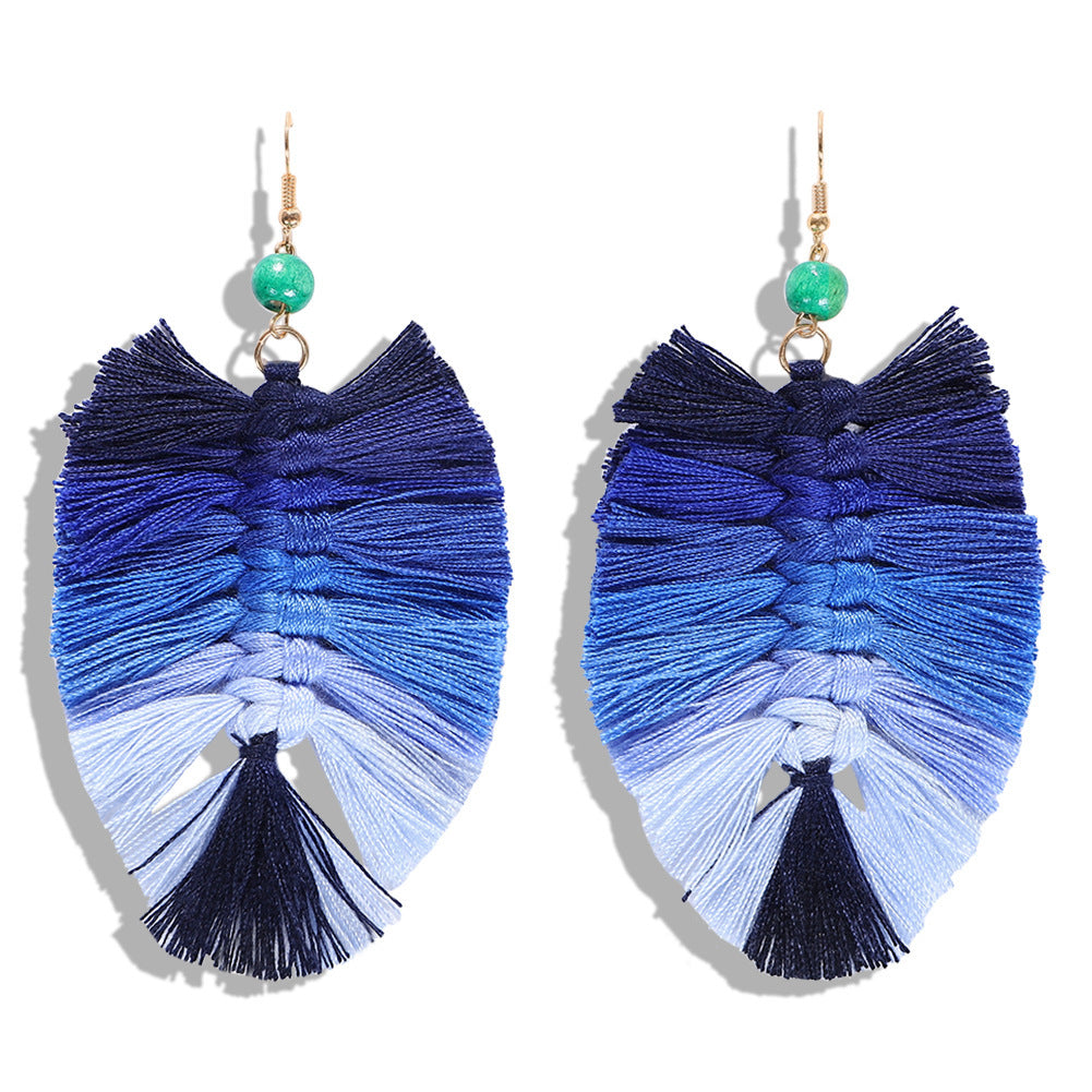 Handmade Gradient Tassel Earrings Leaf Shape Ethnic Style Earrings Exotic Earrings