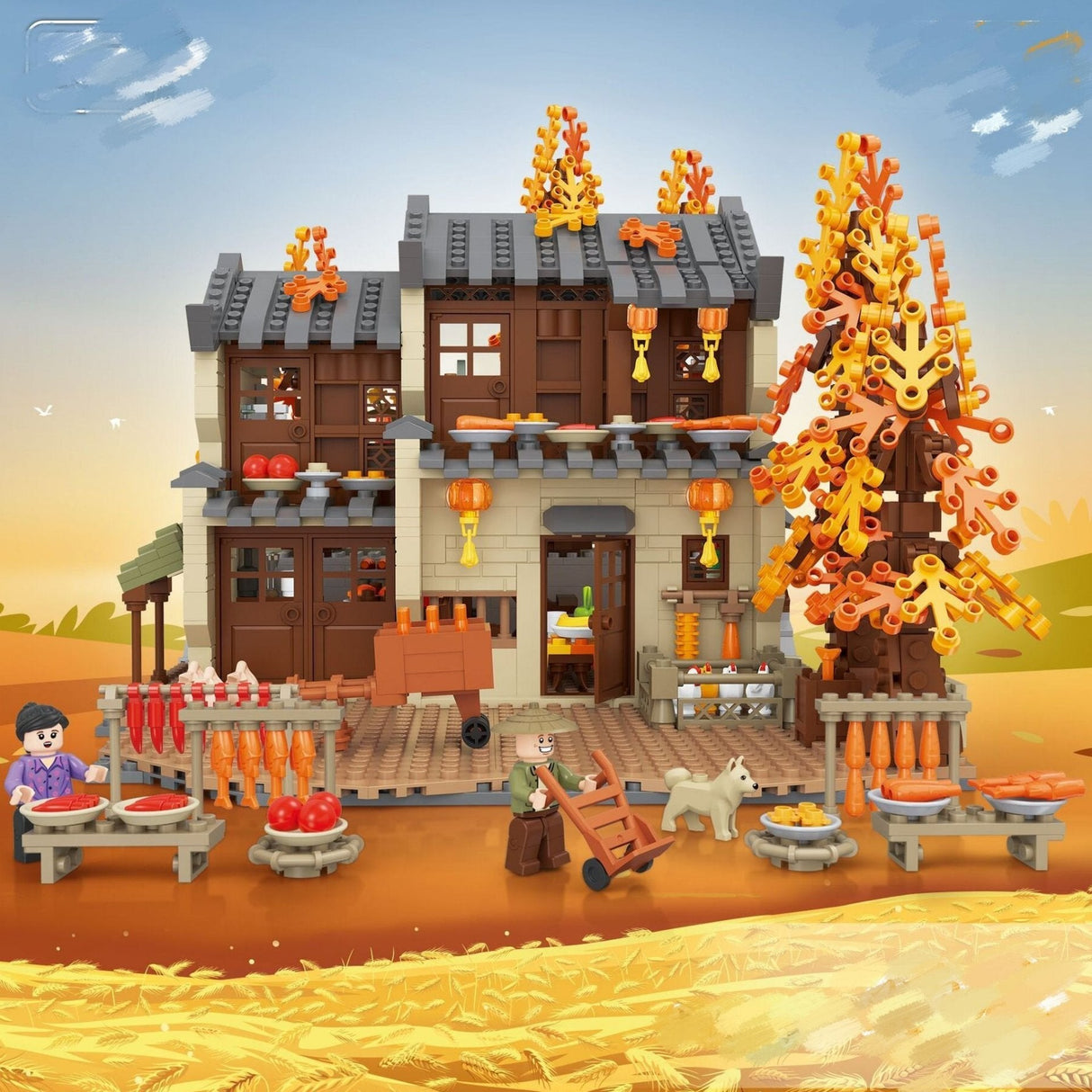 Autumn Sun Drying Farmhouse Courtyard Particle Building Blocks-2