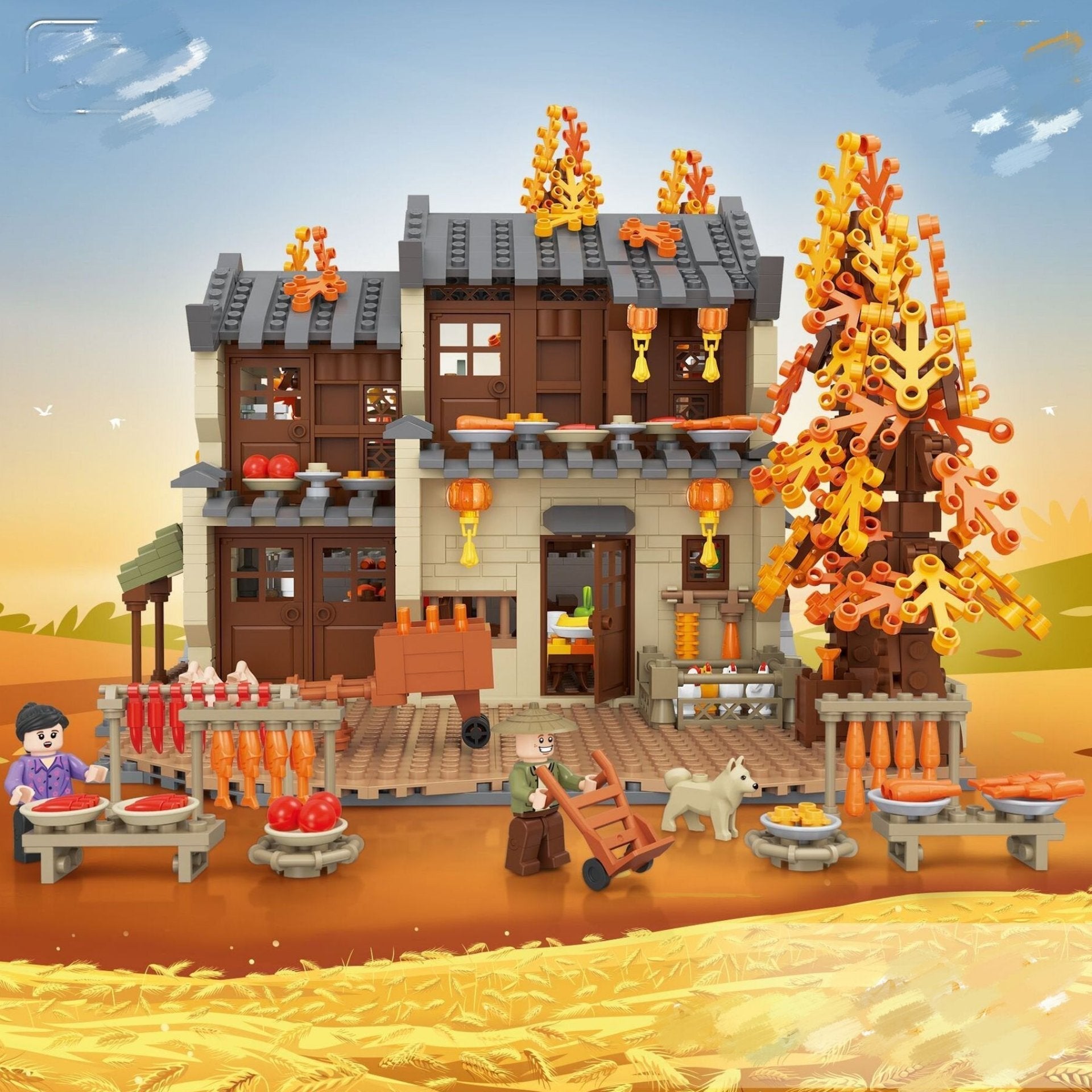 Autumn Sun Drying Farmhouse Courtyard Particle Building Blocks-2