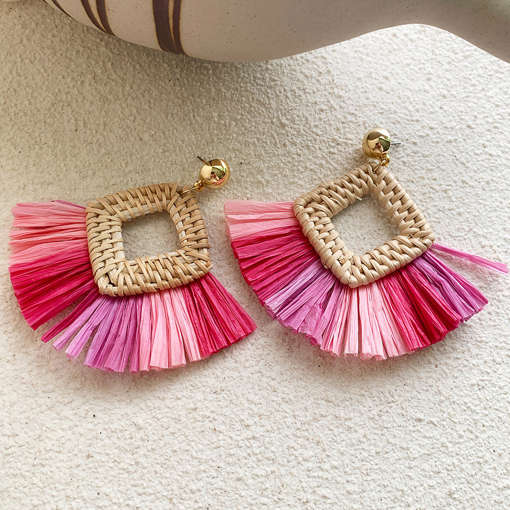 New Raffia Rattan Earrings Female Colorful Geometric Round Straw Earrings Earrings