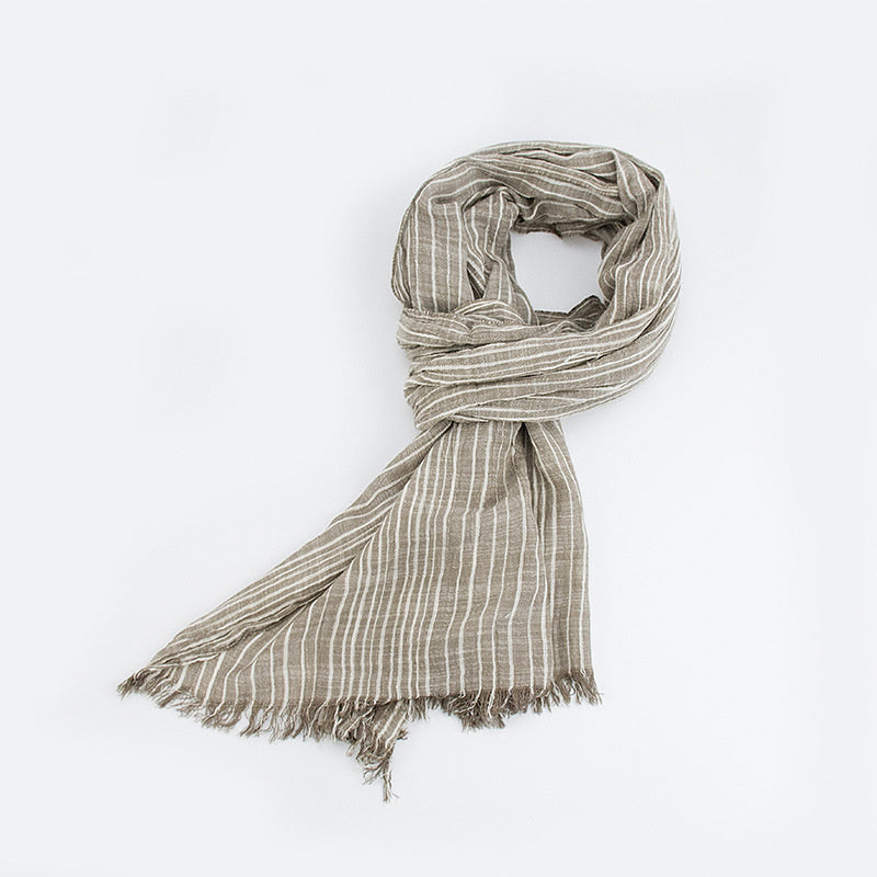 Cotton And Linen Scarf Chinese Literary Style Striped Fringed Drape