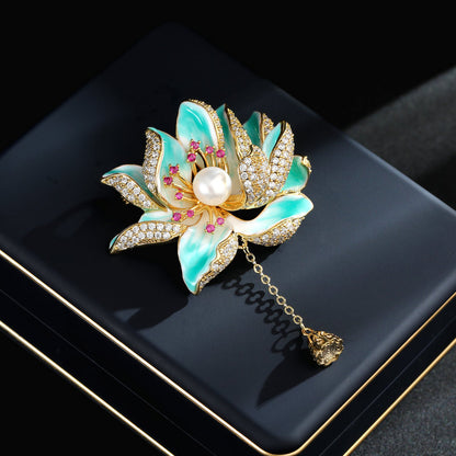 Senior Sense Temperament Enamel Painted Dripping Oil Lotus Brooch