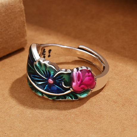Vintage Thai Silver Chinese Style Cloisonne Sechs Wörter Mantra Lotus Ring