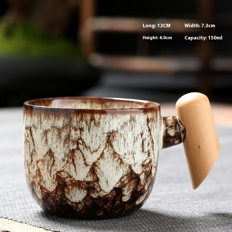 Kiln-changed Ceramic Cup Wooden Handle Teacup Small Coffee Cup-2