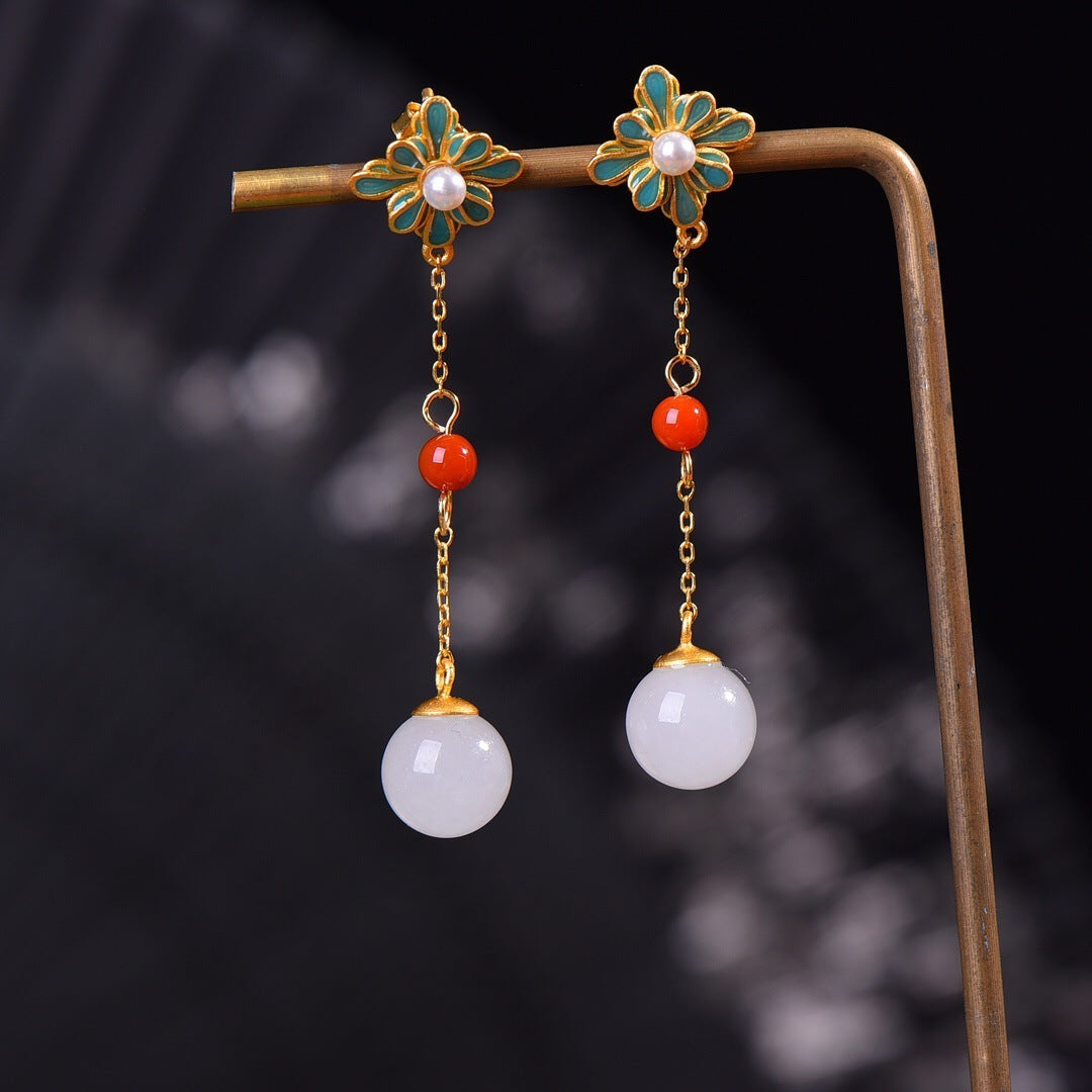 New Inlaid Hetian Jade Tassel Earrings