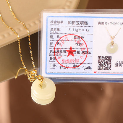 S925 Silver Peace Buckle Hetian Jade Necklace Female Fu Character