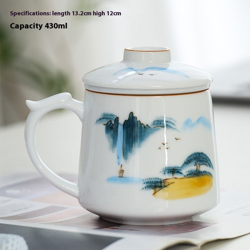 White Porcelain Celadon Household Hand-painted Filtered Tea Cup With Lid