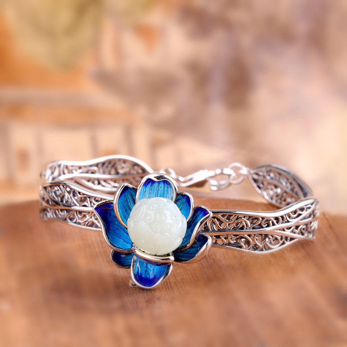 Women's Lotus and Tian Jade Ring Burning Blue Craft 925 Silver Jewelry