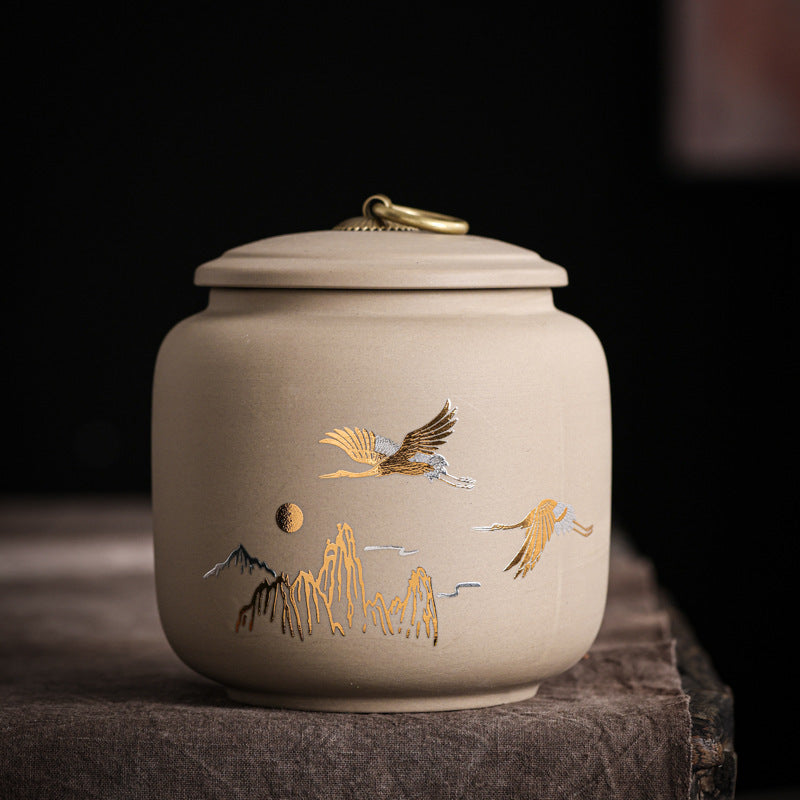 New Purple Sand Ceramic Tea Jar Auspicious Crane Tea Caddy