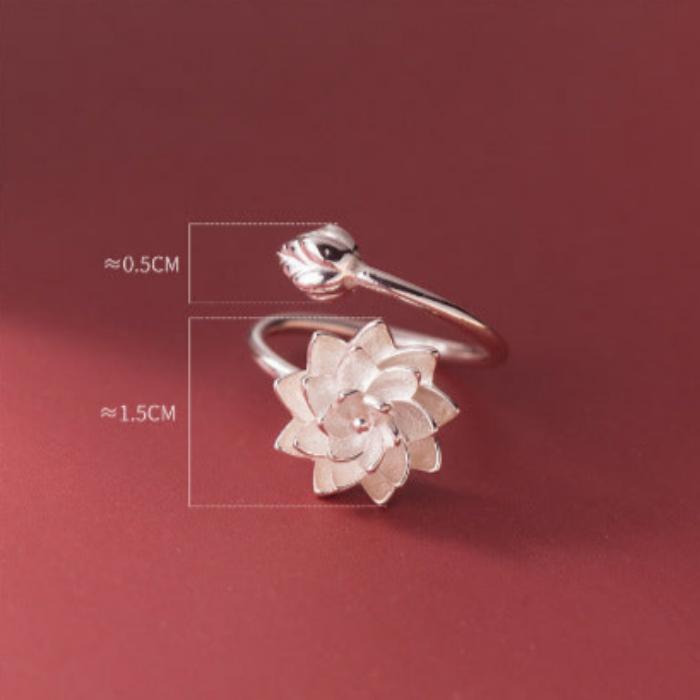 Chinese adjustable lotus ring with floral white copper finish