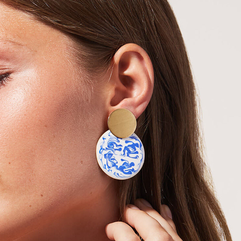 Chinese Style Elements Large Blue and White Porcelain Enamel Enamel Earrings