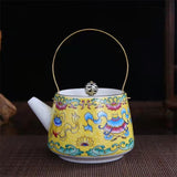 Enamel Painted Teapot Vintage Household Peony Ring Handle Teapot