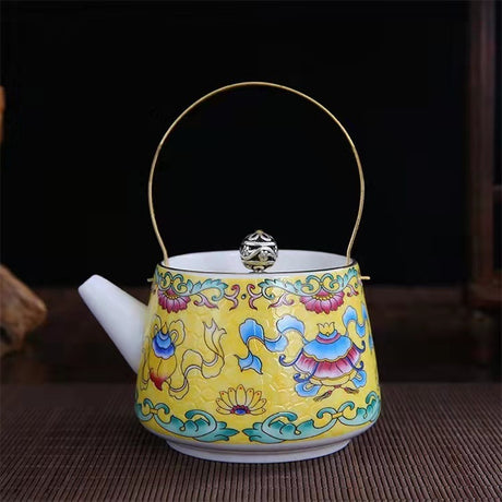 Enamel Painted Teapot Vintage Household Peony Ring Handle Teapot