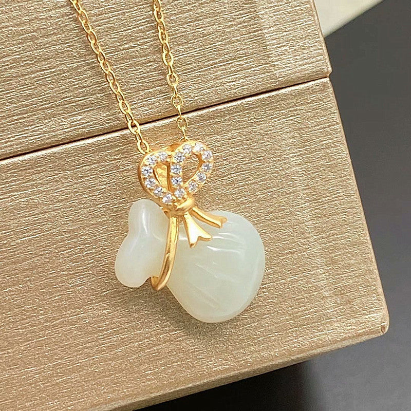 Gilt Silver Hetian Jade Pendant S925 Silver Gold Plated Hetian Jade Lucky Bag Necklace