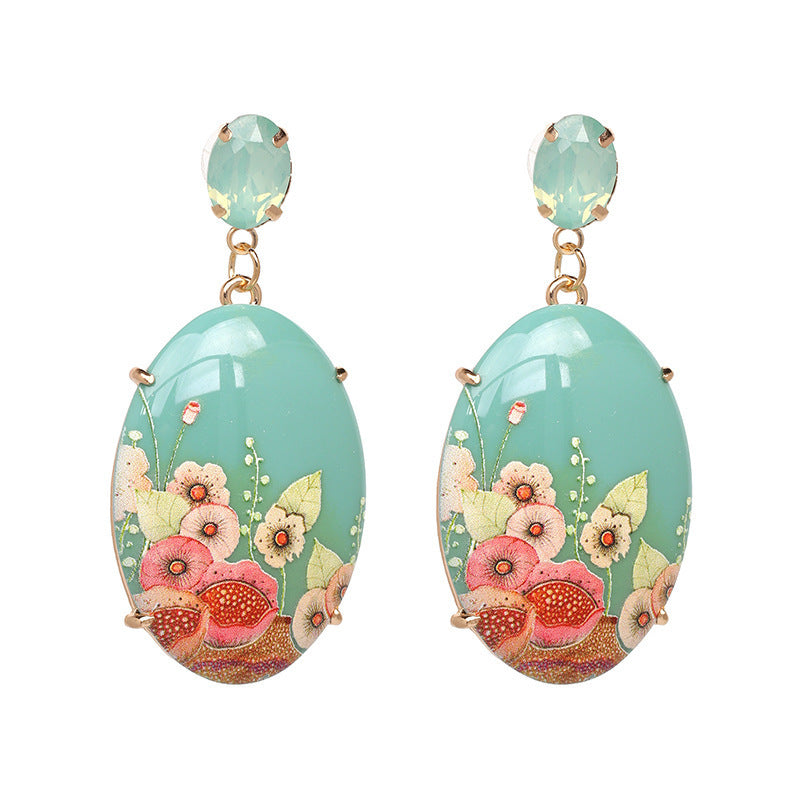 Resin Printed Earrings Retro Oval Earrings