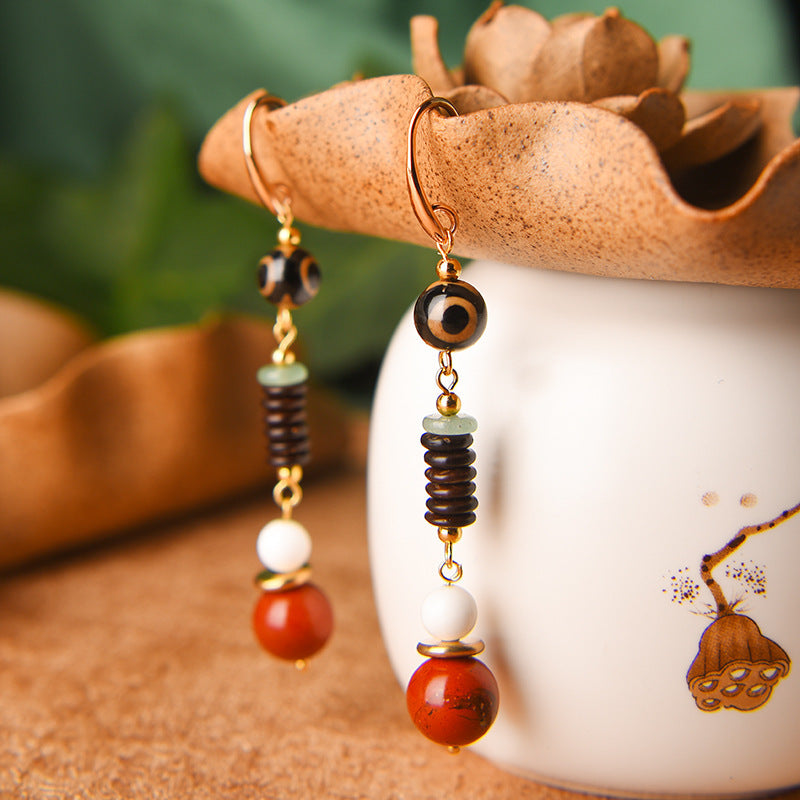 Vintage Earrings Chinese Style Long Earrings Red Stone Pendant