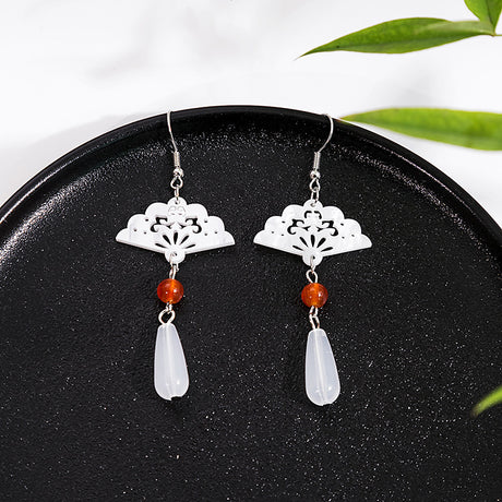 Hollow Sector Imitation Jade Drop-shaped Vintage Earrings