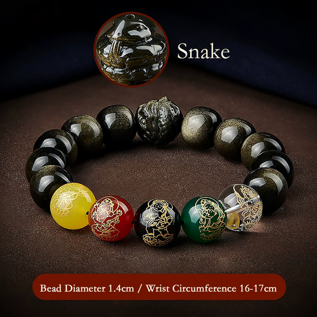Five Gods of Wealth Lucky Beads Bracelet Zodiac Gold Obsidian Handheld Rosary-7