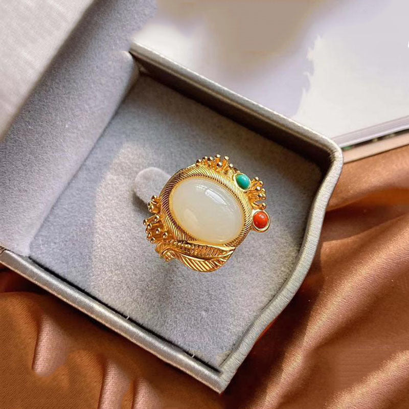 Ethnic Style Gold Plated Hetian Jasper Ring