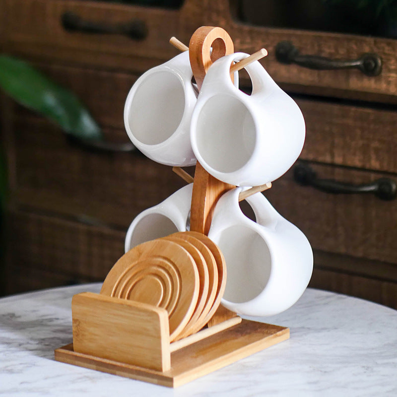 Six-piece Simple Ceramic Set Tea Cup Three-dimensional Bamboo Wooden Bracket Non-slip Coaster