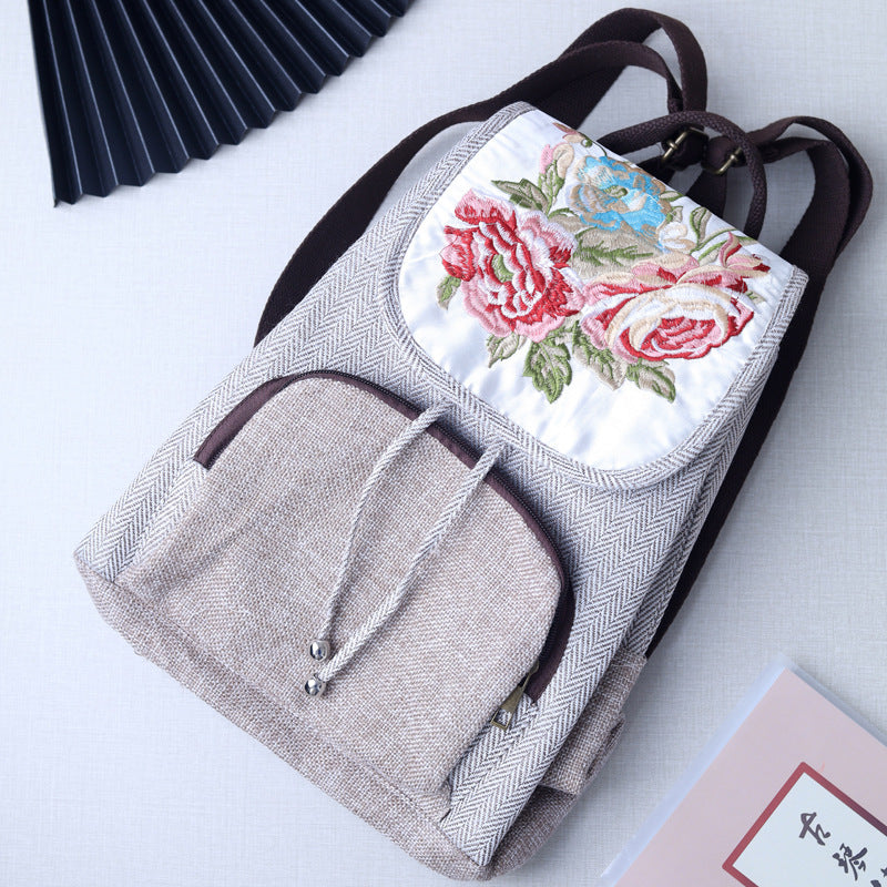 Women's Vintage Peony Flower Embroidery Cotton and Linen Backpacks-2