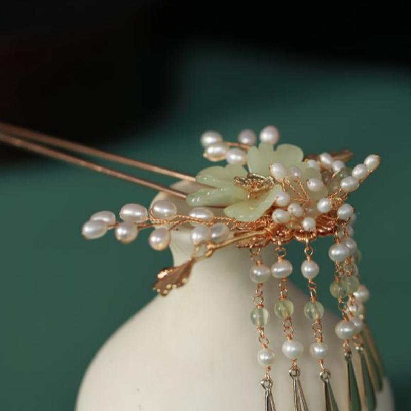 Women's Fashion Grape Stone Flower Pearl Tassel Hairpin Jewelry-4