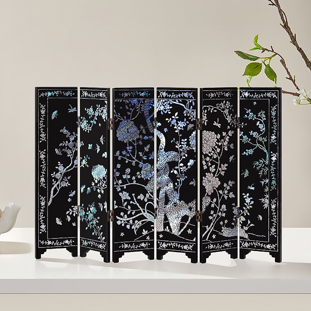 Load video: video-Mother of Pearl Black Screen Folding Screen Chinese New Year Crafts Lacquerware Desktop Decorations