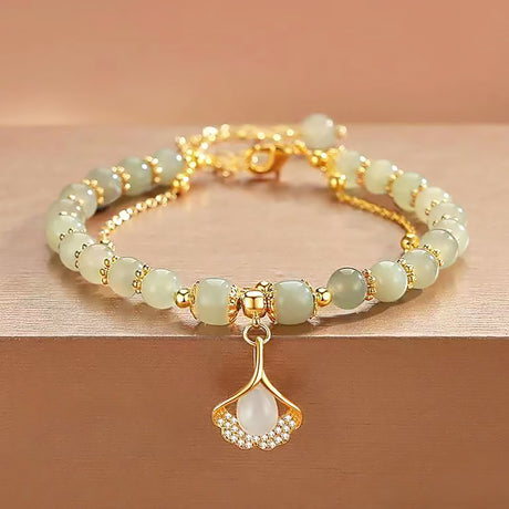 Double Layer Hetian Jade Bracelet with Apricot Leaf Design for Women-video