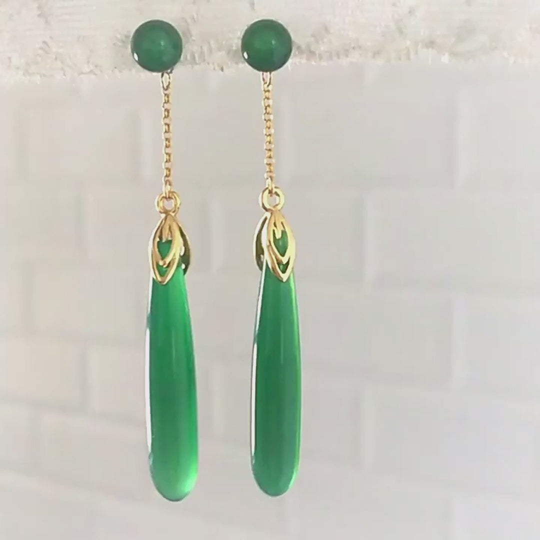 Green Chalcedony Earrings Chinese Vintage Sterling Silver Gift for Women-vido