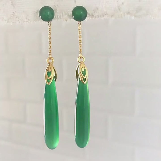 Green Chalcedony Earrings Chinese Vintage Sterling Silver Gift for Women-vido